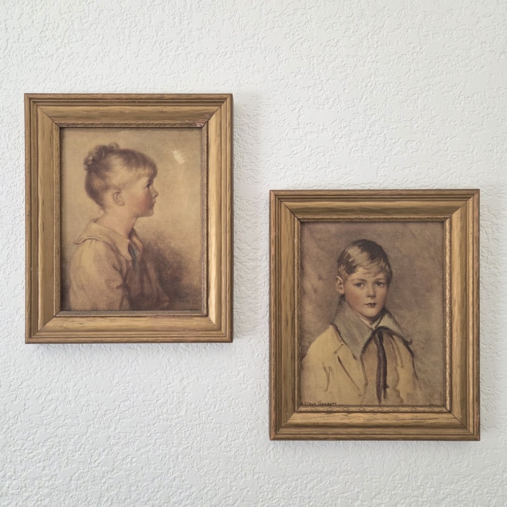 Vintage Edward Gross Co "Charlotte" & "Peter" Framed Prints Gold Frames 11.5x9.5